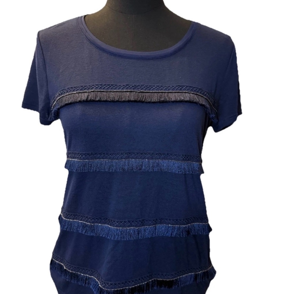 White House Black Market Navy Blue Shortsleeved Top, Tassels, Size Small